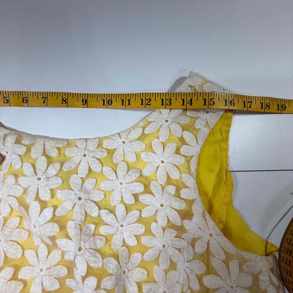 Cremieux A-Line Dress Womens 12 Yellow White Floral Lace Sleeveless Mod Mini - Picture 8 of 11